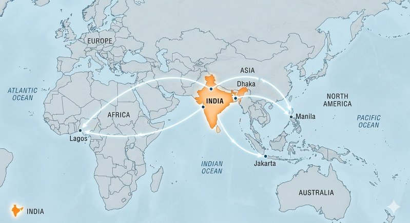 World map with India highlighted and expansion routes to Dhaka, Manila, Jakarta, Kuala Lumpur, and Lagos.